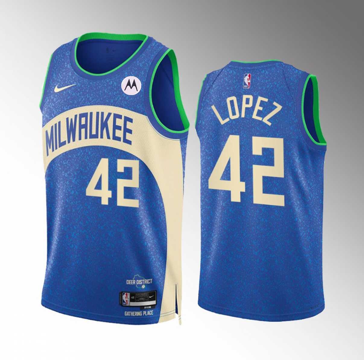Men%27s Milwaukee Bucks #42 Robin Lopez Blue 2023-24 City Edition Stitched Basketball Jersey Dzhi->milwaukee bucks->NBA Jersey